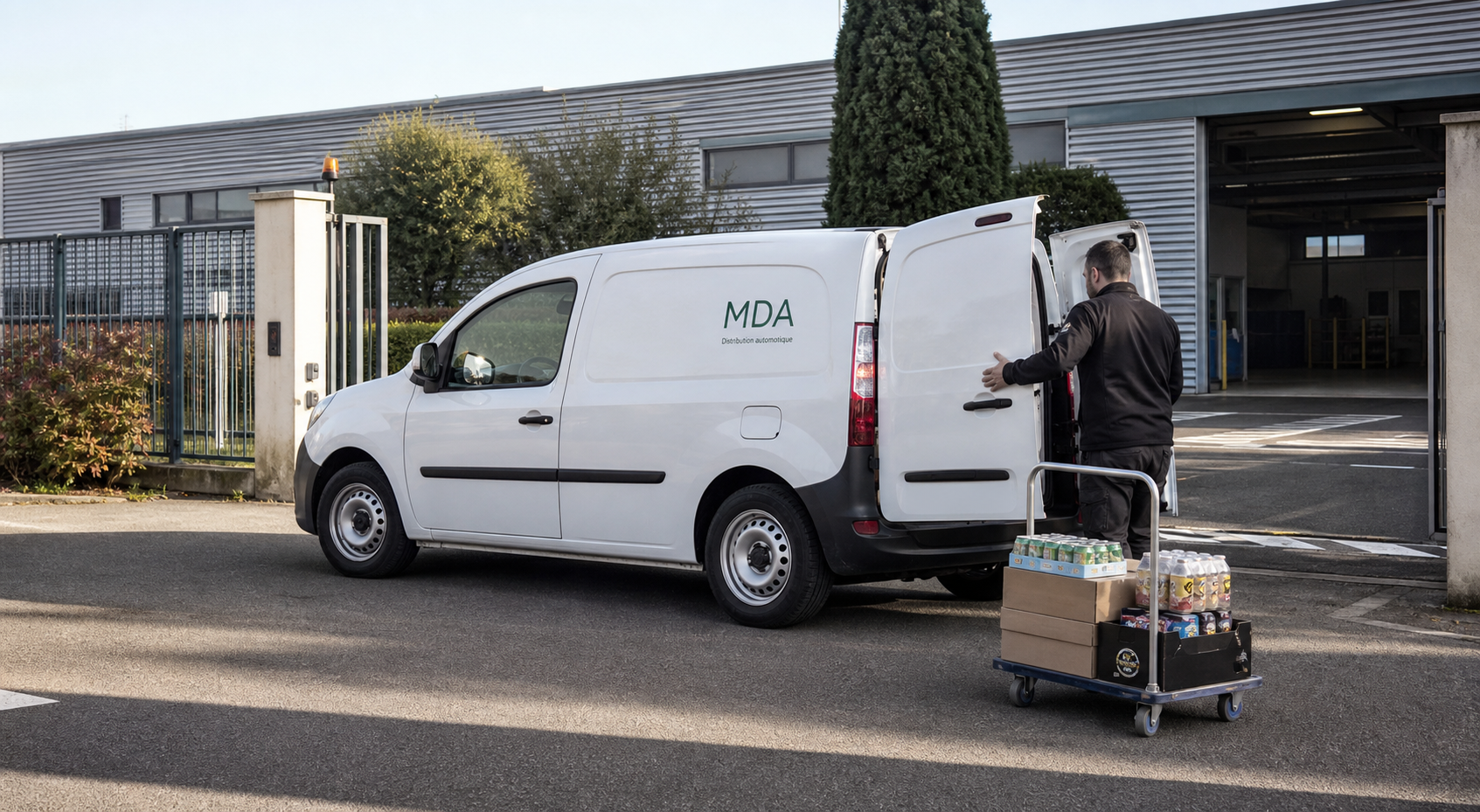 Véhicule MDA arrivant sur un site industriel pour le réapprovisionnement des distributeurs