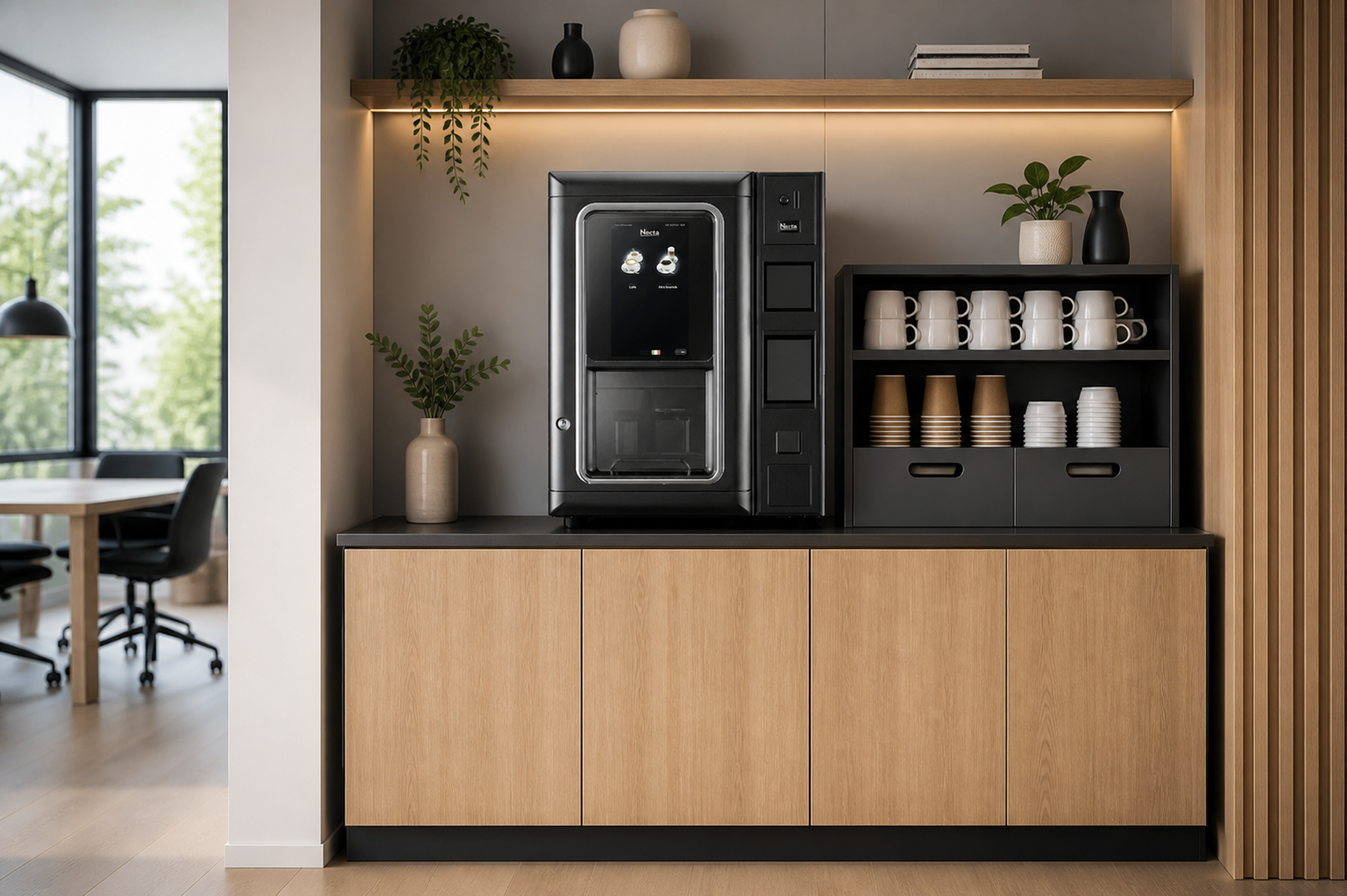Machine Necta Krea Touch intégrée dans un coffee corner professionnel