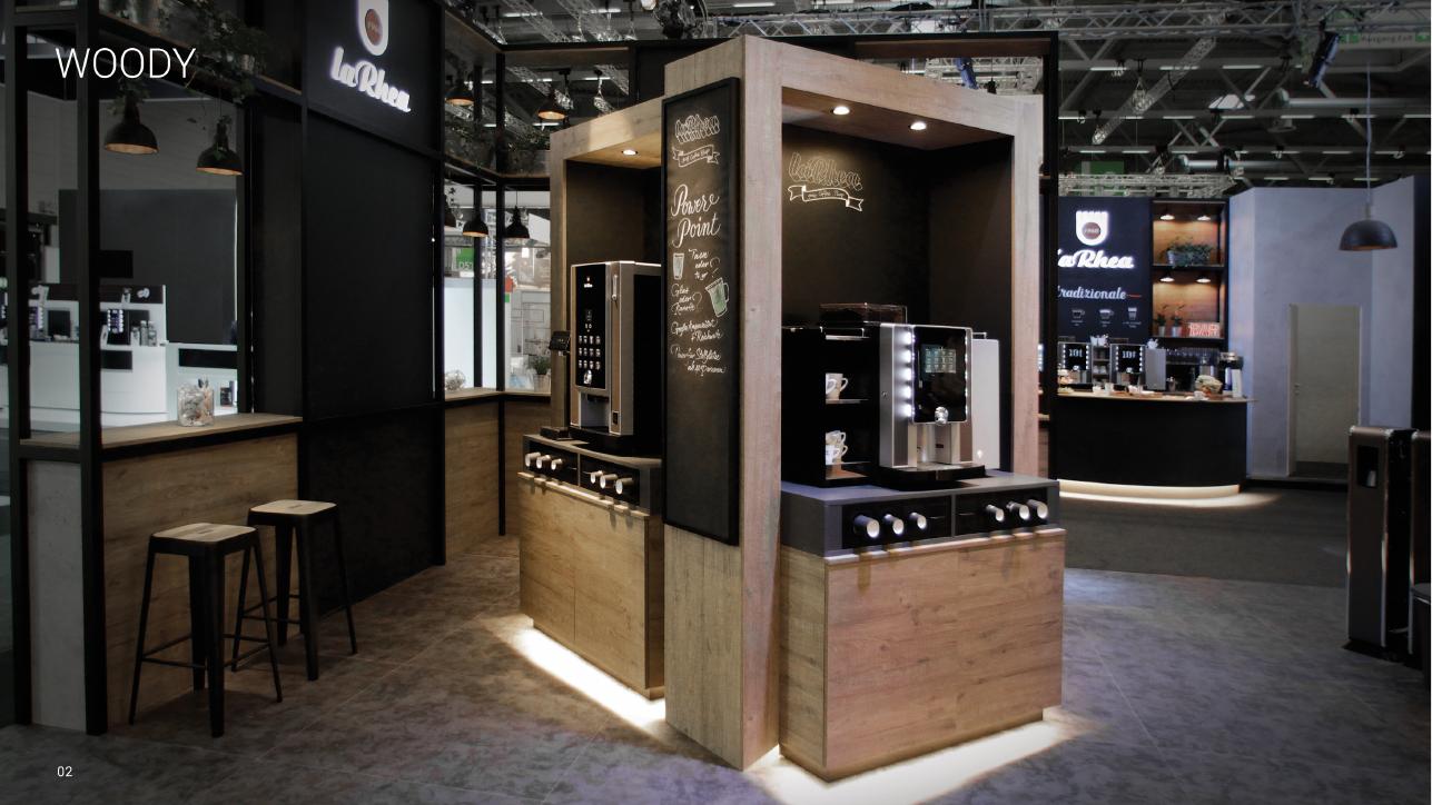 Coffee corner WOODY de Rheavendors avec machines et mobilier intégré