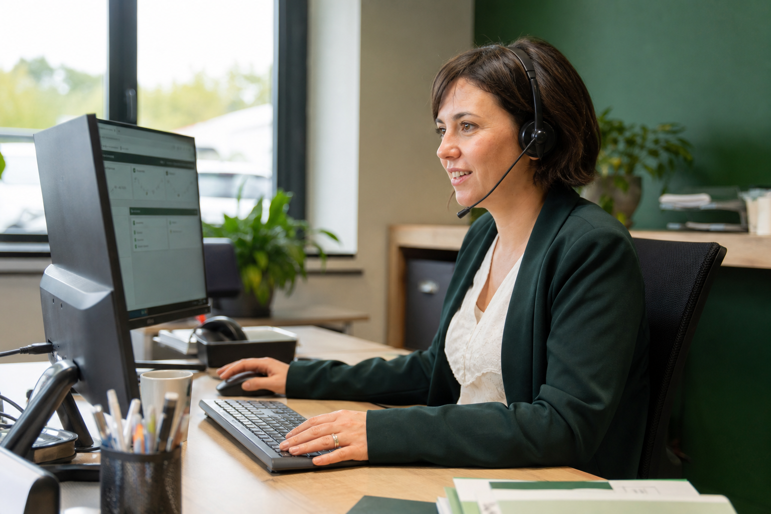 Interlocutrice MAURIN répondant à un appel client depuis son poste informatique